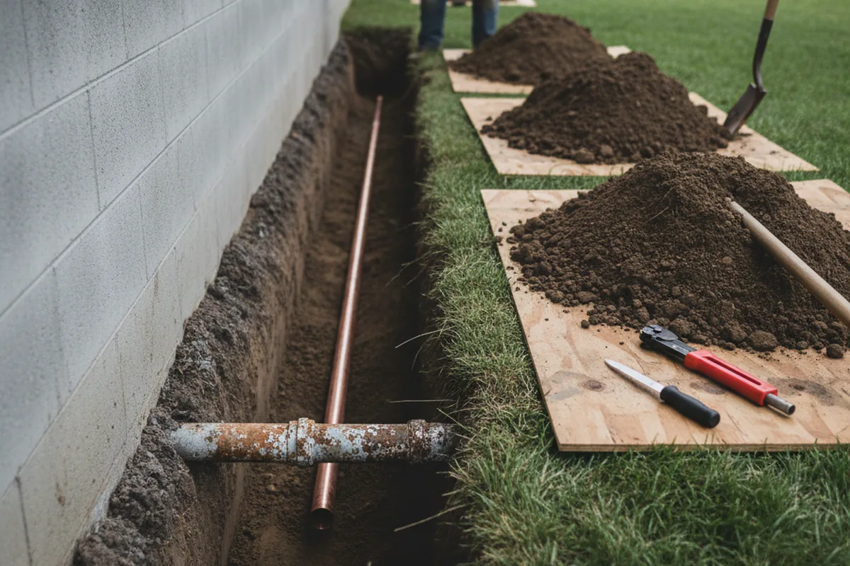 Excavated water line trench during Water Softener Installation in Carmichaels